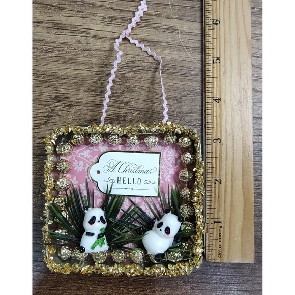 Panda Christmas Ornament Handmade Vtg Style OOAK Miniature Tobacco Tin Diorama - Picture 3 of 3